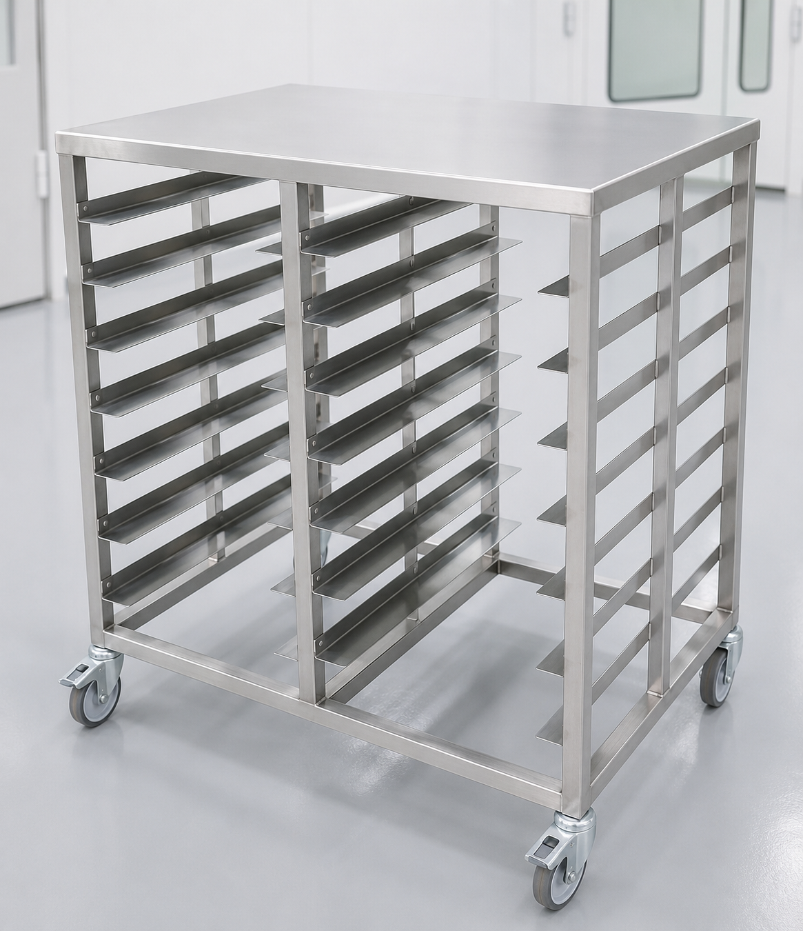 Maßgefertigter Edelstahl-Doppel-Einschubwagen für den Transport von Kunststofftrays und Warenträgern in der Leiterplattenfertigung.