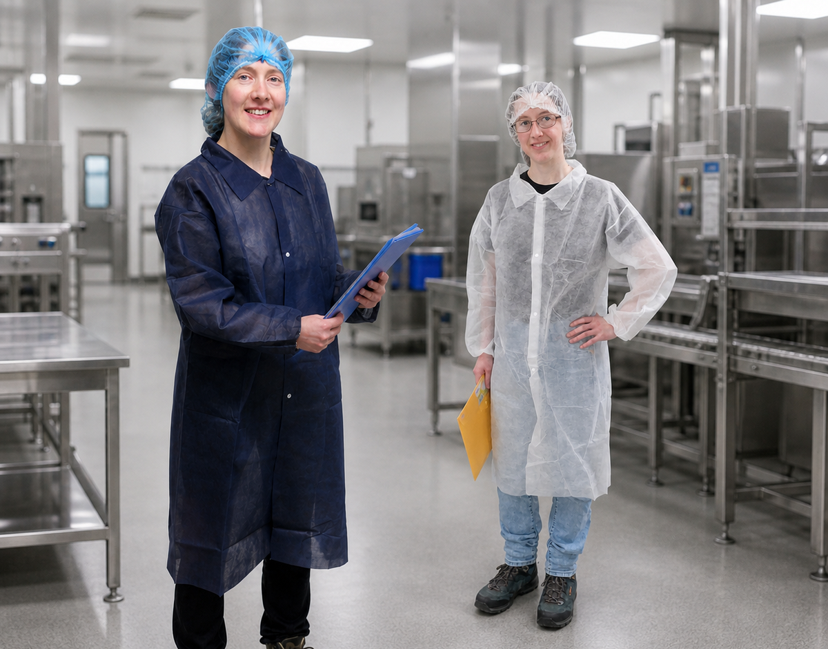 Zwei Frauen tragen weiße und blaue Einweg-Besucherkittel in einer Lebensmittelproduktion