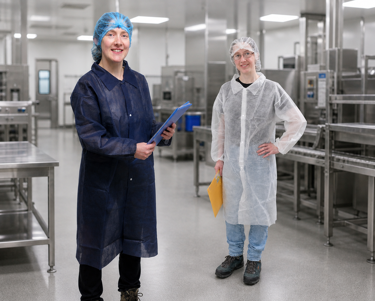 Einweg-Arbeitskleidung & Schutzkleidung für Gastronomie & Medizin Zwei Frauen tragen weiße und blaue Einweg-Besucherkittel in einer Lebensmittelproduktion