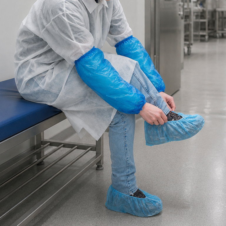 Hand-, Arm- & Fußschutz Person zieht Einweg-Überschuhe an und trägt Einweg-Ärmelschoner vor dem Betreten eines Hygienebereichs